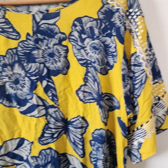 Womens Vineet Bahl Small Floral Short Sleeve Tie Waist Yellow Blue - Picture 6 of 9